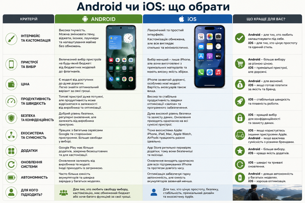 Порівняльна інфографіка Android та iOS за ціною, швидкістю, безпекою, автономністю, додатками та можливостями системи
