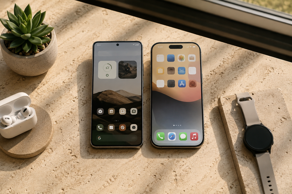 Android чи iOS: яку систему обрати Два сучасні смартфони з Android та iOS лежать поруч на столі для порівняння операційних систем