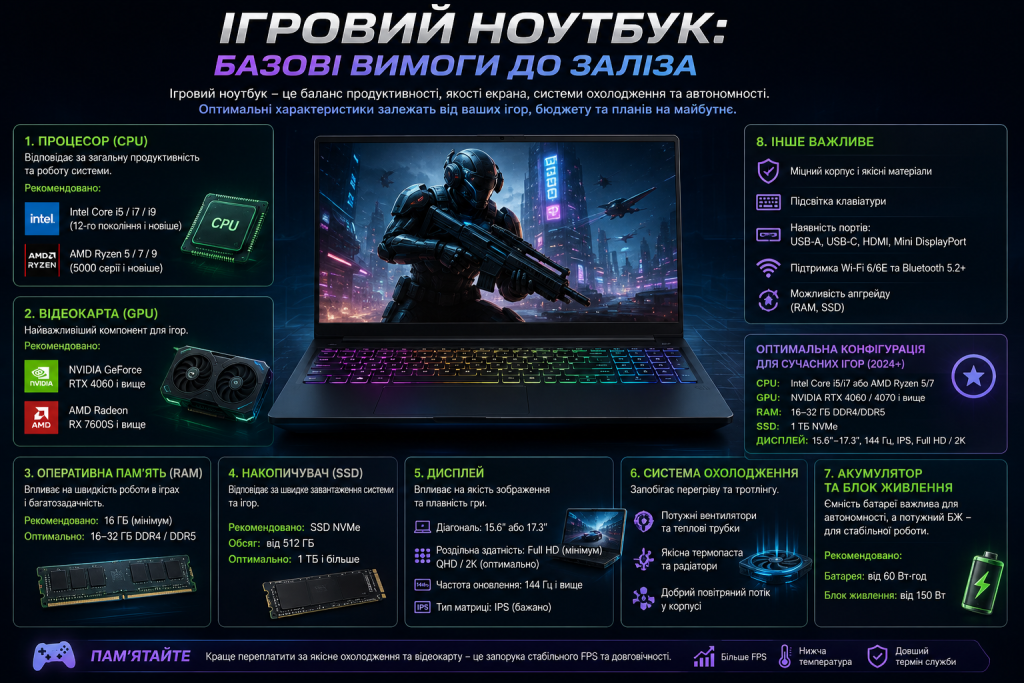 Інфографіка про вибір ігрового ноутбука за процесором, відеокартою, оперативною пам’яттю, SSD, дисплеєм та охолодженням