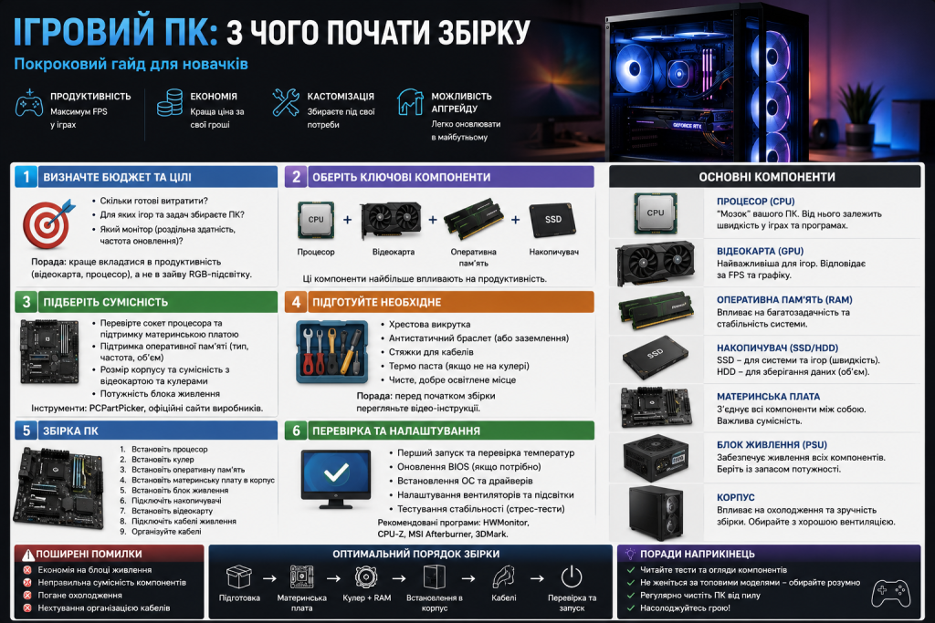 Інфографіка з основними етапами збірки ігрового ПК та вибору процесора, відеокарти, оперативної пам’яті й інших компонентів