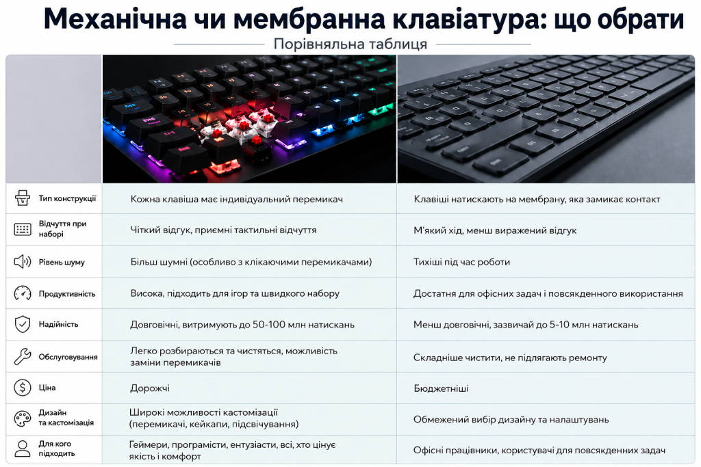 Інфографіка з порівнянням механічної та мембранної клавіатури за конструкцією, шумом, надійністю, ціною та зручністю