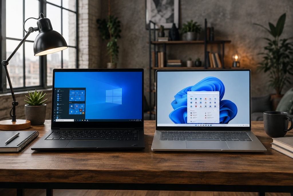 Windows 10 проти Windows 11: що обрати Два ноутбуки з Windows 10 та Windows 11 на столі для наочного порівняння операційних систем