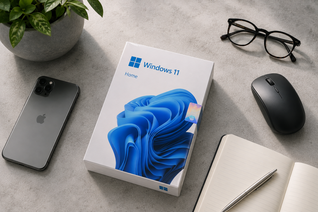 Коробка ліцензійної Windows 11 Home на робочому столі поруч із комп’ютерними аксесуарами
