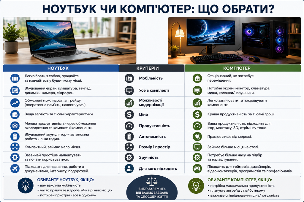 Інфографіка порівняння ноутбука та стаціонарного комп’ютера за мобільністю, ціною, продуктивністю та можливістю модернізації
