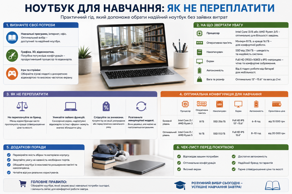 Інфографіка про вибір ноутбука для навчання за процесором, оперативною пам’яттю, SSD, екраном, автономністю та ціною
