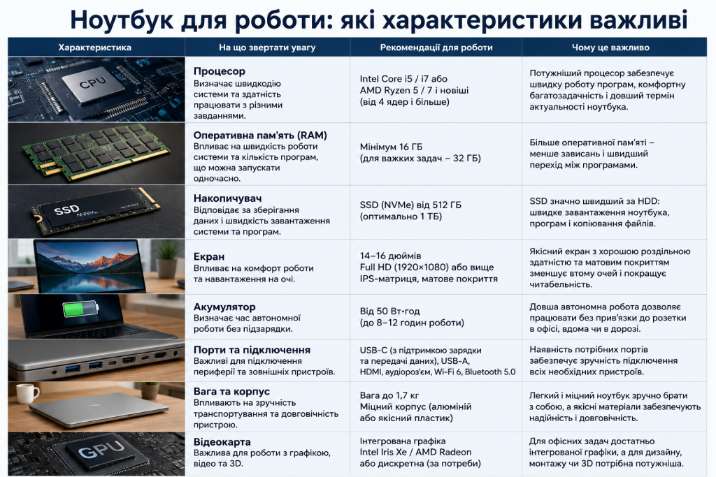 Інфографіка про вибір ноутбука для роботи за процесором, оперативною пам’яттю, SSD, екраном, автономністю та іншими характеристиками