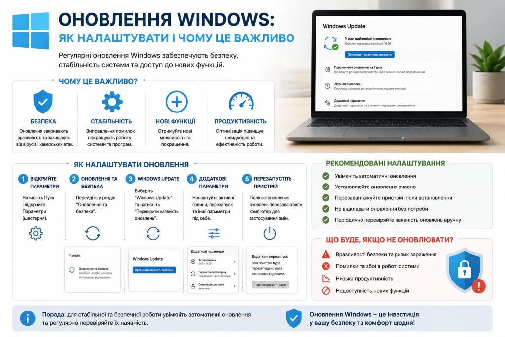 Інфографіка про налаштування оновлень Windows, їхню важливість для безпеки та стабільності системи
