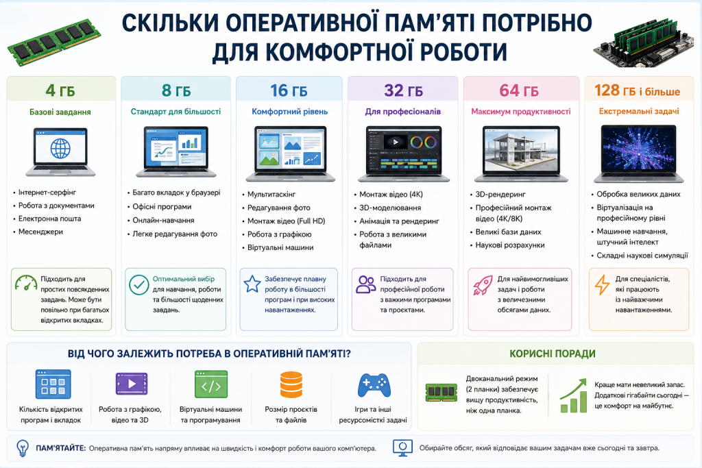 Інфографіка про необхідний обсяг оперативної пам’яті для офісної роботи, навчання, ігор та професійних програм