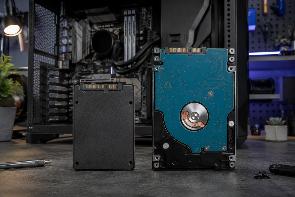 Який накопичувач обрати для комп’ютера SSD і жорсткий диск HDD поруч із відкритим системним блоком комп’ютера