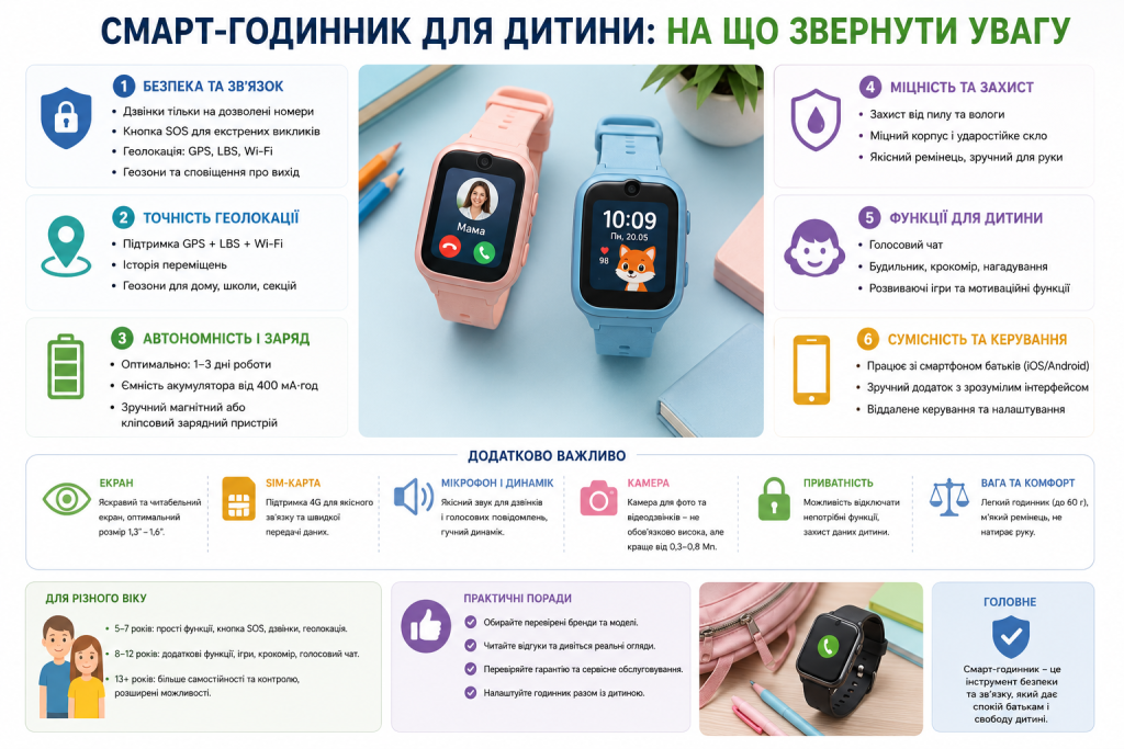 Інфографіка про вибір дитячого смарт-годинника з GPS, дзвінками, SOS, автономністю, захистом і батьківським керуванням