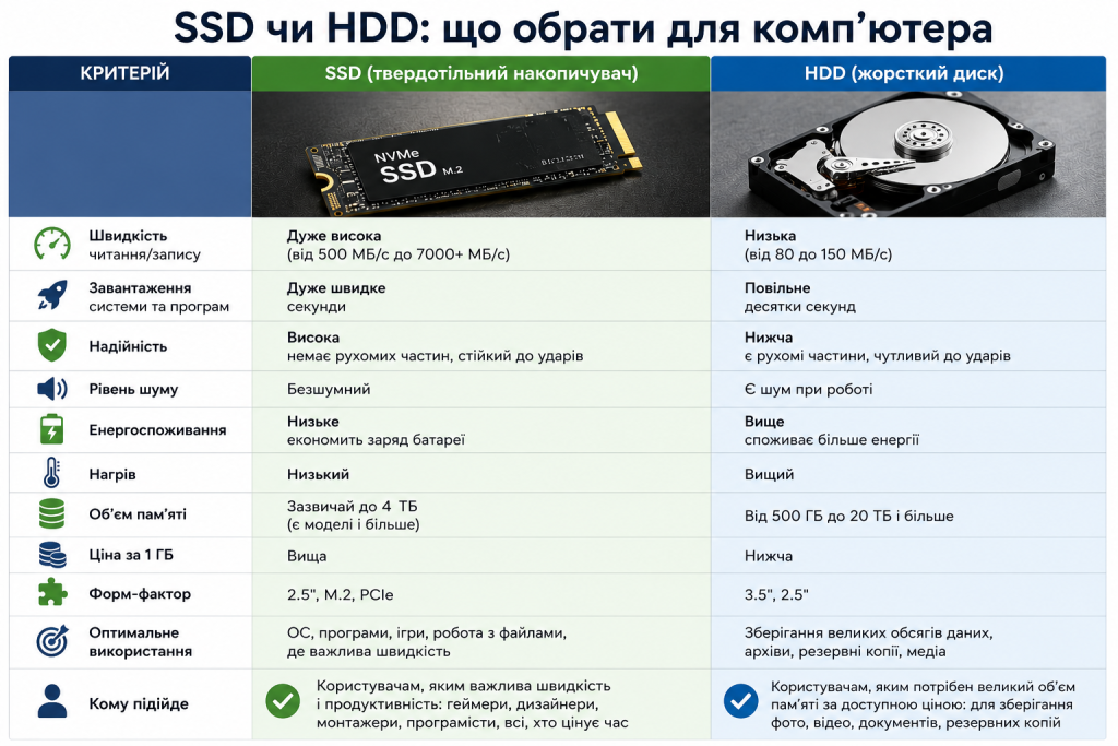 Порівняльна інфографіка SSD і HDD за швидкістю, надійністю, обсягом пам’яті, ціною та енергоспоживанням