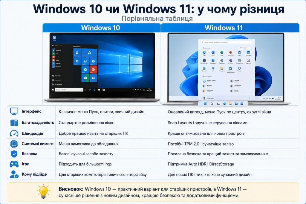 Інфографіка з порівнянням Windows 10 і Windows 11 за інтерфейсом, швидкодією, системними вимогами, безпекою та можливостями