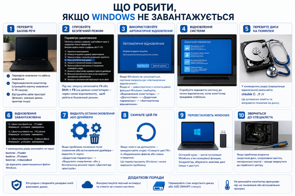 Покрокова інфографіка з основними способами відновлення Windows, якщо операційна система не завантажується