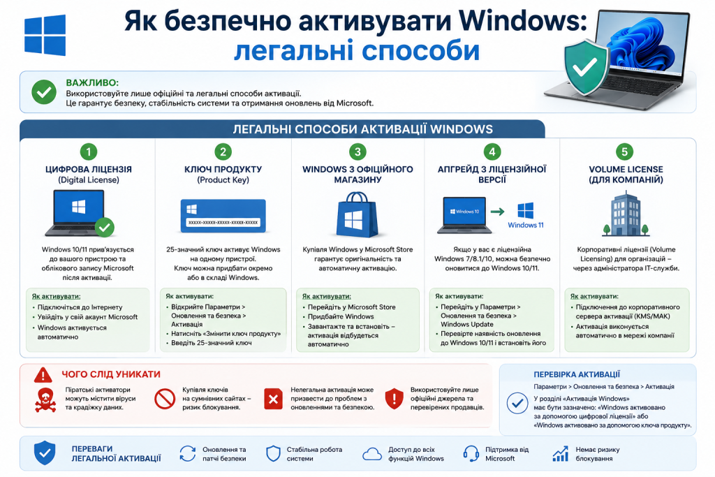 Інфографіка про легальні та безпечні способи активації Windows за допомогою цифрової ліцензії або ключа продукту