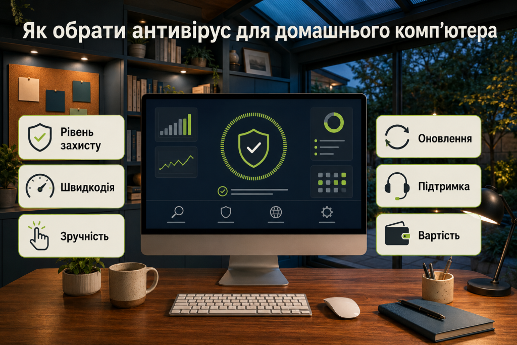 Інфографіка з основними критеріями вибору антивіруса: захист, швидкодія, зручність, оновлення, підтримка та вартість