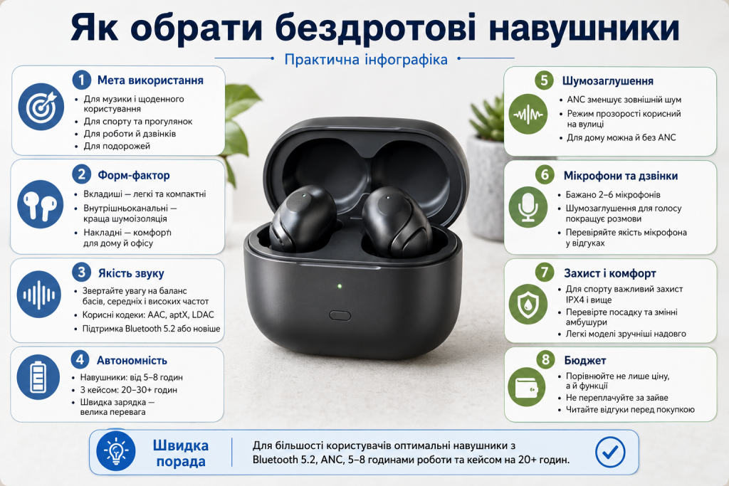 Інфографіка про вибір бездротових навушників за якістю звуку, автономністю, шумозаглушенням, мікрофоном, комфортом і ціною