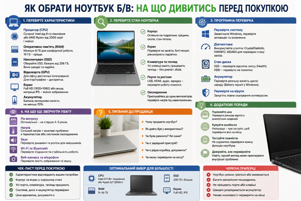 Інфографіка про вибір вживаного ноутбука з перевіркою характеристик, корпусу, екрана, акумулятора, диска та системи