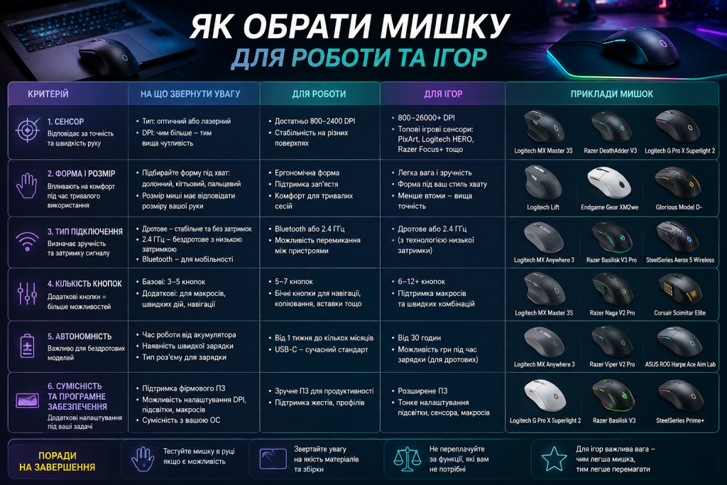 Інфографіка про вибір комп’ютерної мишки для роботи та ігор за сенсором, формою, підключенням, кнопками й автономністю