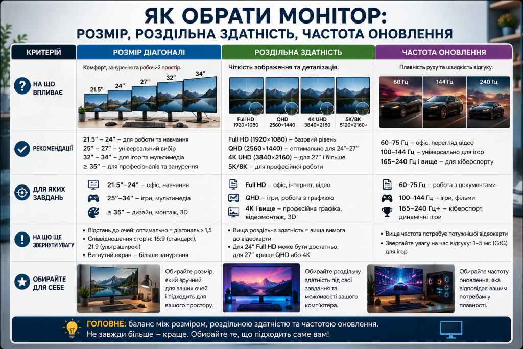 Інфографіка про вибір монітора за діагоналлю, роздільною здатністю та частотою оновлення екрана