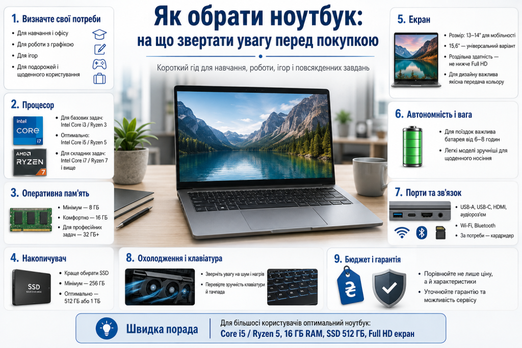 Інфографіка про вибір ноутбука з порадами щодо процесора, оперативної пам’яті, накопичувача, екрана, батареї та портів
