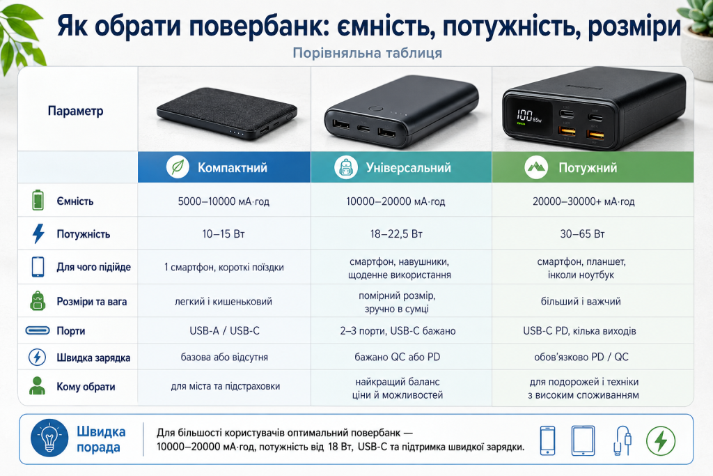 Інфографіка для вибору повербанка за ємністю, потужністю, розмірами, портами та підтримкою швидкої зарядки