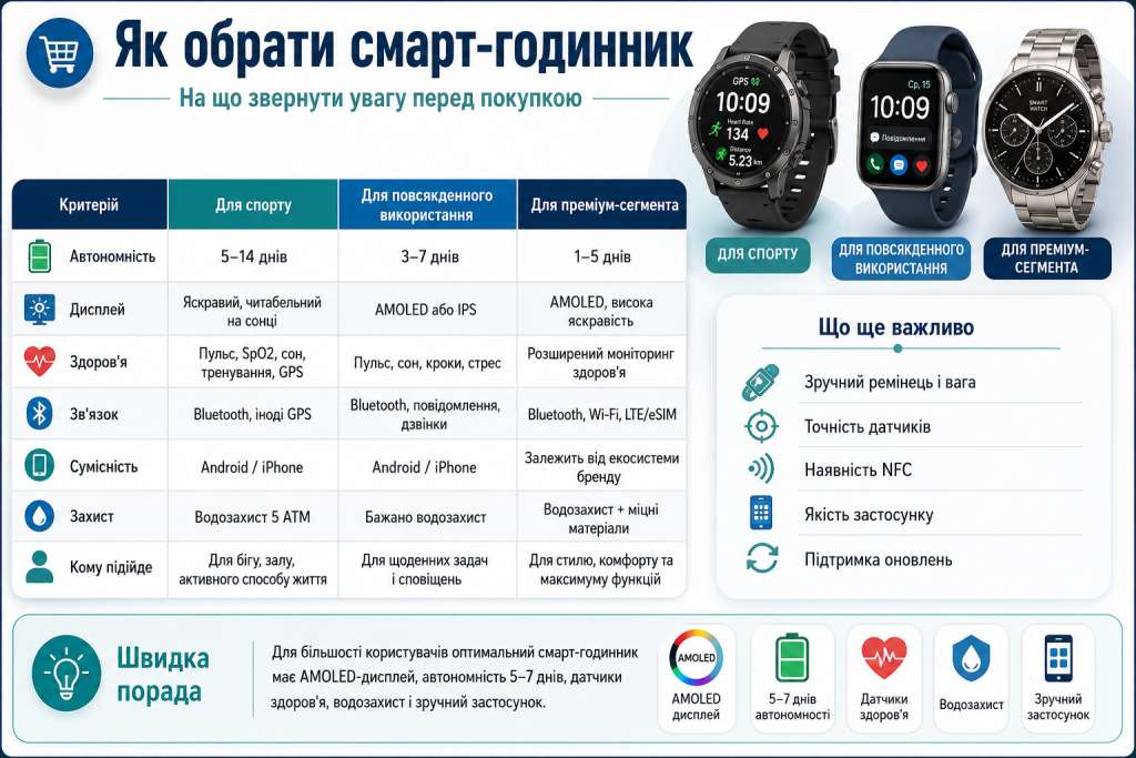 Інфографіка про вибір смарт-годинника за автономністю, дисплеєм, функціями здоров’я, зв’язком і захистом