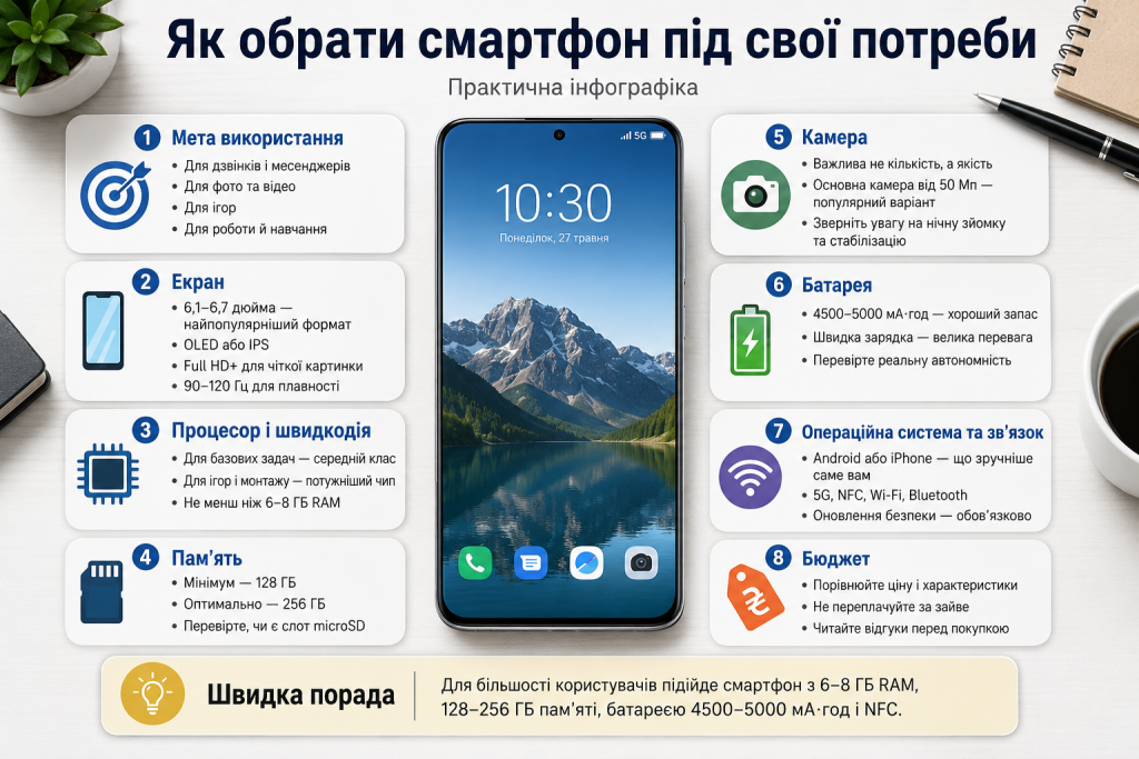 Інфографіка про вибір смартфона з порадами щодо екрана, процесора, пам’яті, камери, батареї, зв’язку та бюджету