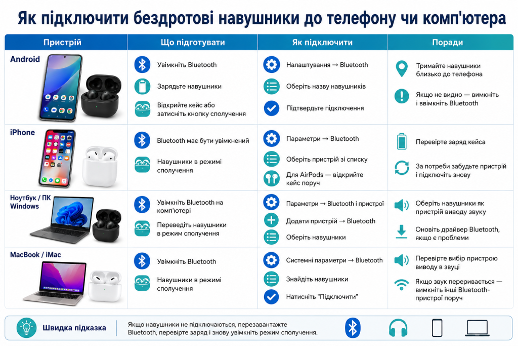 Інфографіка з інструкцією підключення бездротових навушників через Bluetooth до Android, iPhone, Windows і Mac