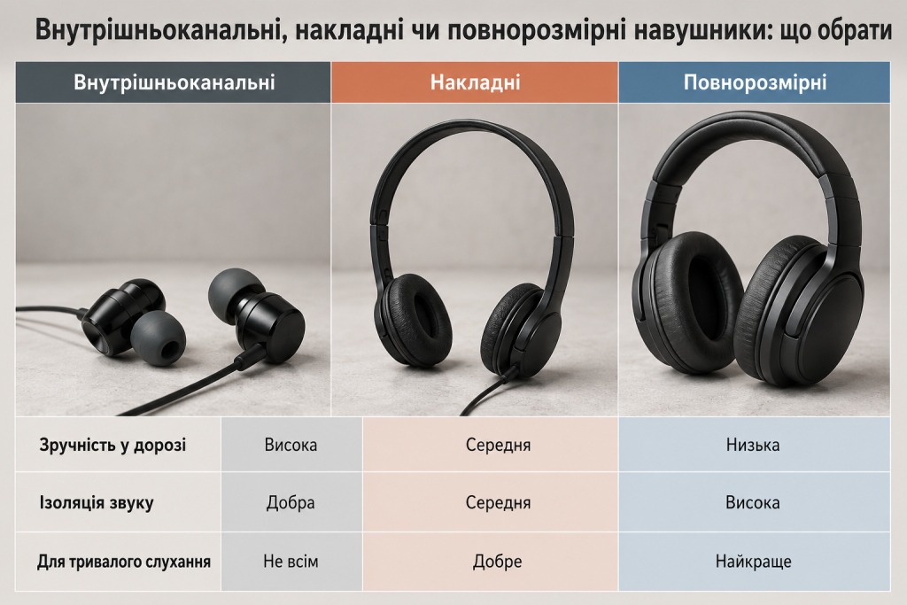 Порівняльна таблиця трьох типів навушників за зручністю, шумоізоляцією та комфортом тривалого слухання