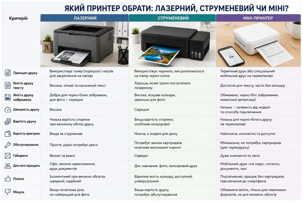 Порівняльна інфографіка струменевих, лазерних і багатофункціональних принтерів за ціною, швидкістю та якістю друку