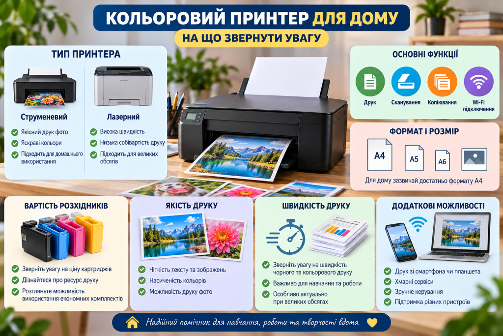 Інфографіка про вибір кольорового принтера для дому, типи принтерів, якість і швидкість друку, витратні матеріали та функції