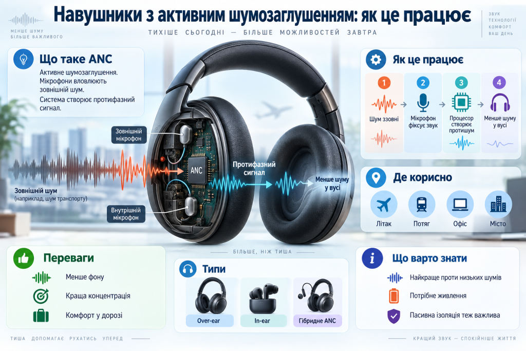 Інфографіка про принцип роботи активного шумозаглушення ANC у навушниках, мікрофони, протифазний сигнал, переваги та сфери використання.