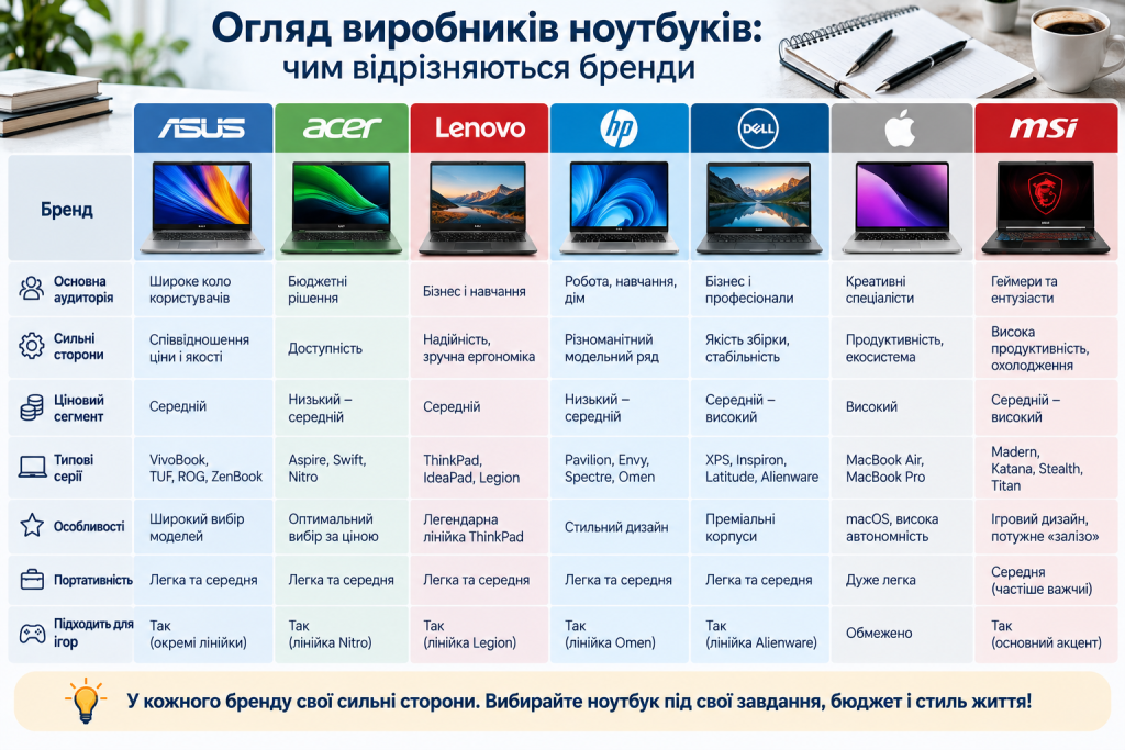Інфографіка з порівнянням популярних виробників ноутбуків ASUS, Acer, Lenovo, HP, Dell, Apple і MSI за аудиторією, ціною, серіями та особливостями.