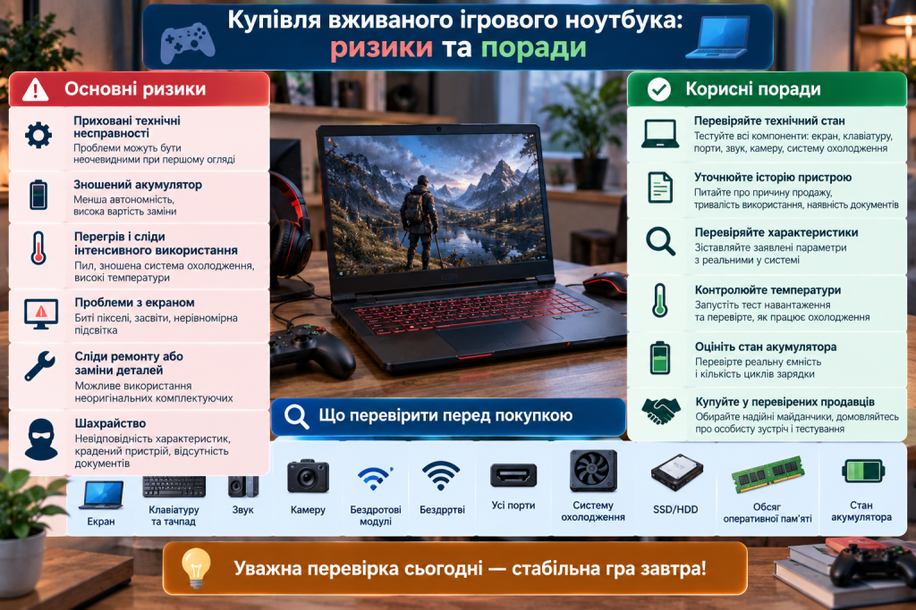 Інфографіка про перевірку вживаного ігрового ноутбука перед купівлею, стан батареї, екрана, системи охолодження, SSD і пам’яті.