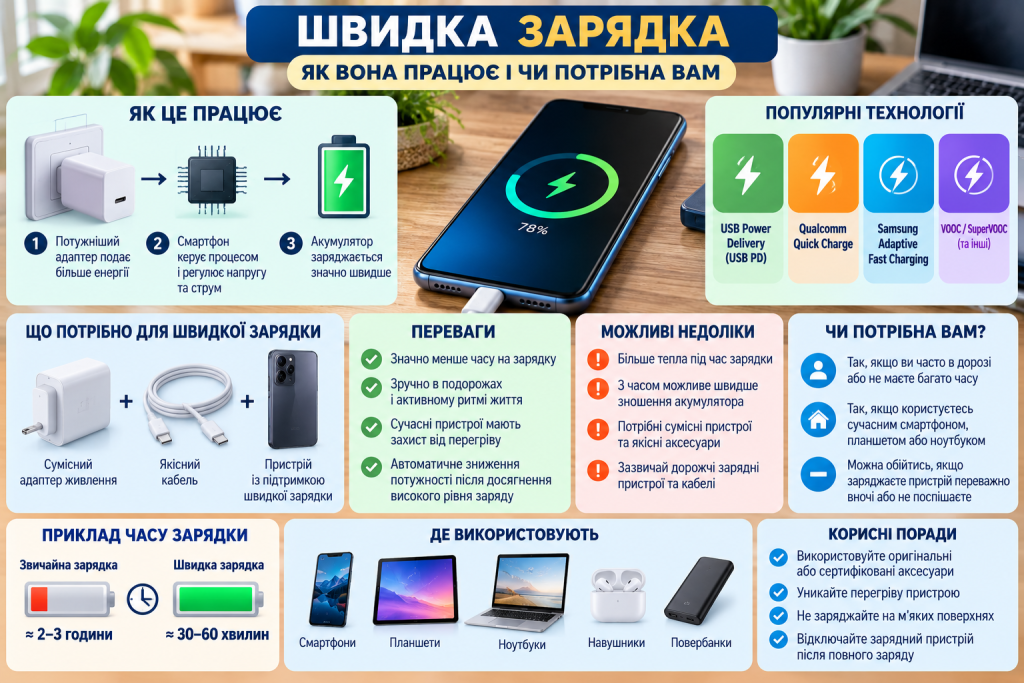 Інфографіка про принцип роботи швидкої зарядки, популярні технології, переваги, недоліки, сумісні пристрої та час заряджання