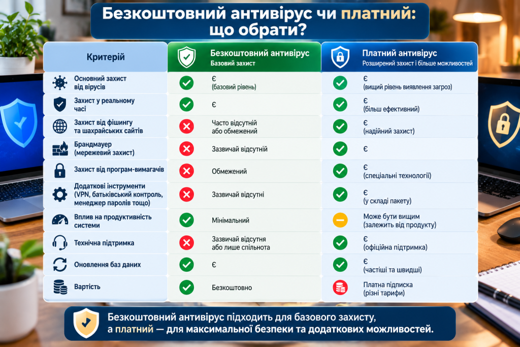 Порівняльна інфографіка безкоштовного та платного антивіруса за рівнем захисту, функціями, підтримкою та вартістю.